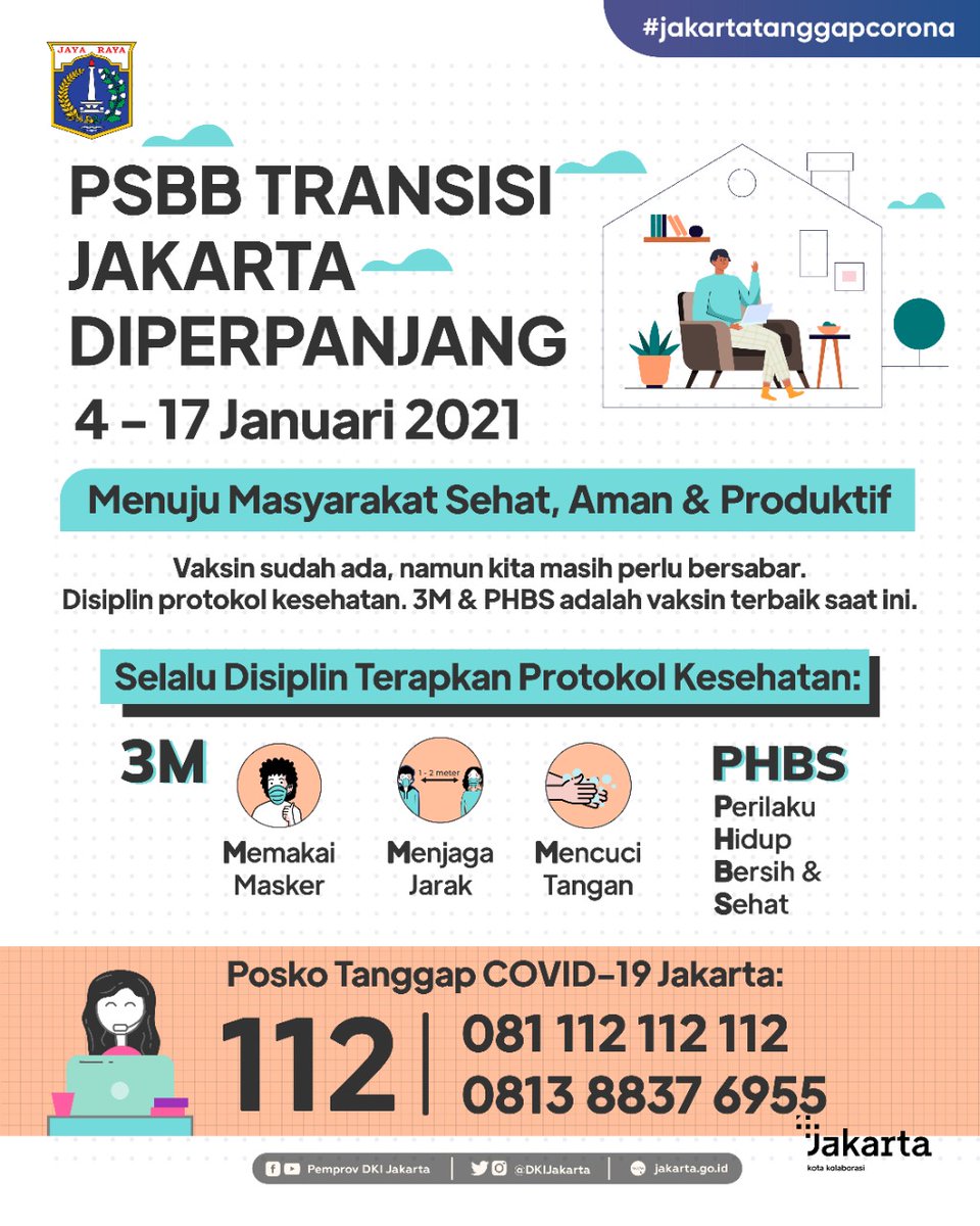 Pemprov DKI Jakarta kembali memperpanjang Pembatasan Sosial Berskala Besar (PSBB) Masa Transisi menuju masyarakat sehat, aman, dan produktif hingga 17 Januari 2021. 

instagram.com/p/CJlhTO0AfXA/
#JagaJakarta #JakartaTanggapCorona #hadapibersama #PSBBJakarta #PSBBTransisi