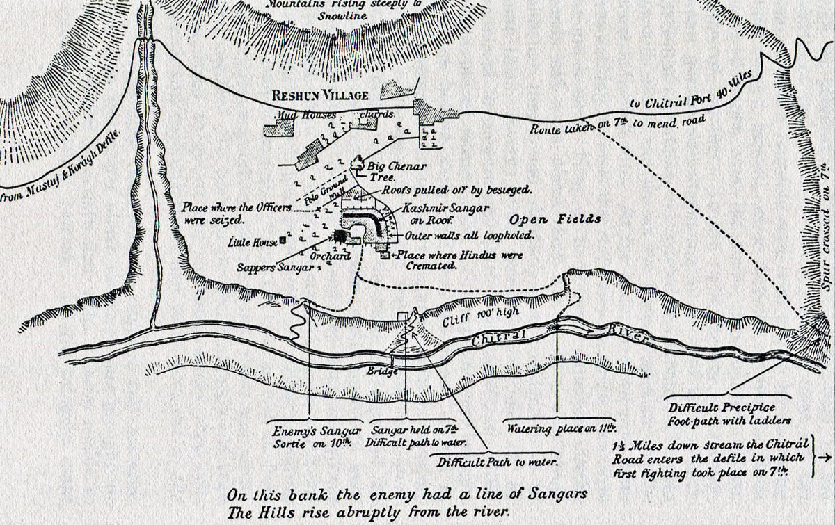 Reshun FortDuring the 1895 expedition a cluster of houses in Reshun village was fortified by Lieutenant S. Edwardes and his troops to secure their positions as they were facing constant attacks from hostile locals.