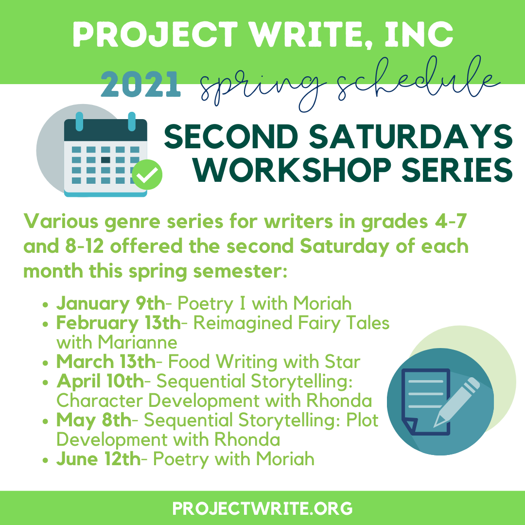 ProjectWrite's tweet photo. We're pumped to be able to offer another semester of our Second Saturdays Workshop Series this spring. Kicking off the fun is Moriah with a poetry session on Saturday, January 9th. Won't you join us?
#youngwriters #projectwrite #poetry #fairytales #foodwriting #character #plot https://t.co/VK8Whda3Ao