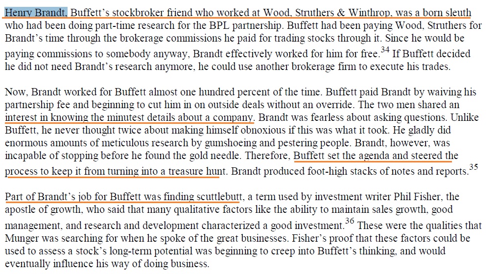 He used third parties for diligence, for scuttlebutt research. Like Henry Brandt."The two men shared an interest in knowing the minutest details about a company"Blue Chip Stamps owned Pinkerton's, the detective agency. Buffett was on the board. I wonder if he ever used them?