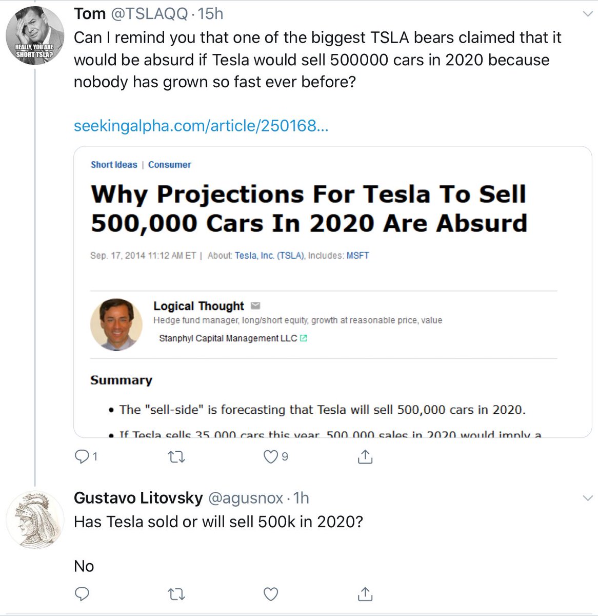  @agusnox :“Has Tesla sold or will sell 500k in 2020? No.”Cc:  @TSLAQQ