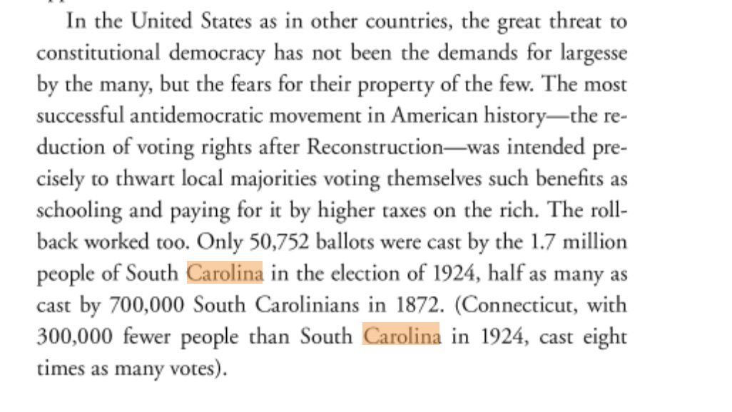 Over the next half century, the states "redeemed" by white conservatives shriveled into tight oligarchies. I described the process in my book Trumpocracy, p. 141