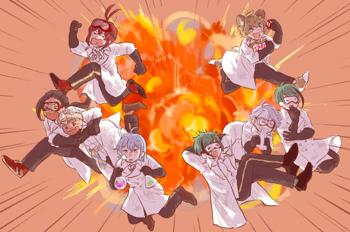 multiple boys labcoat explosion glasses green hair red hair flask  illustration images