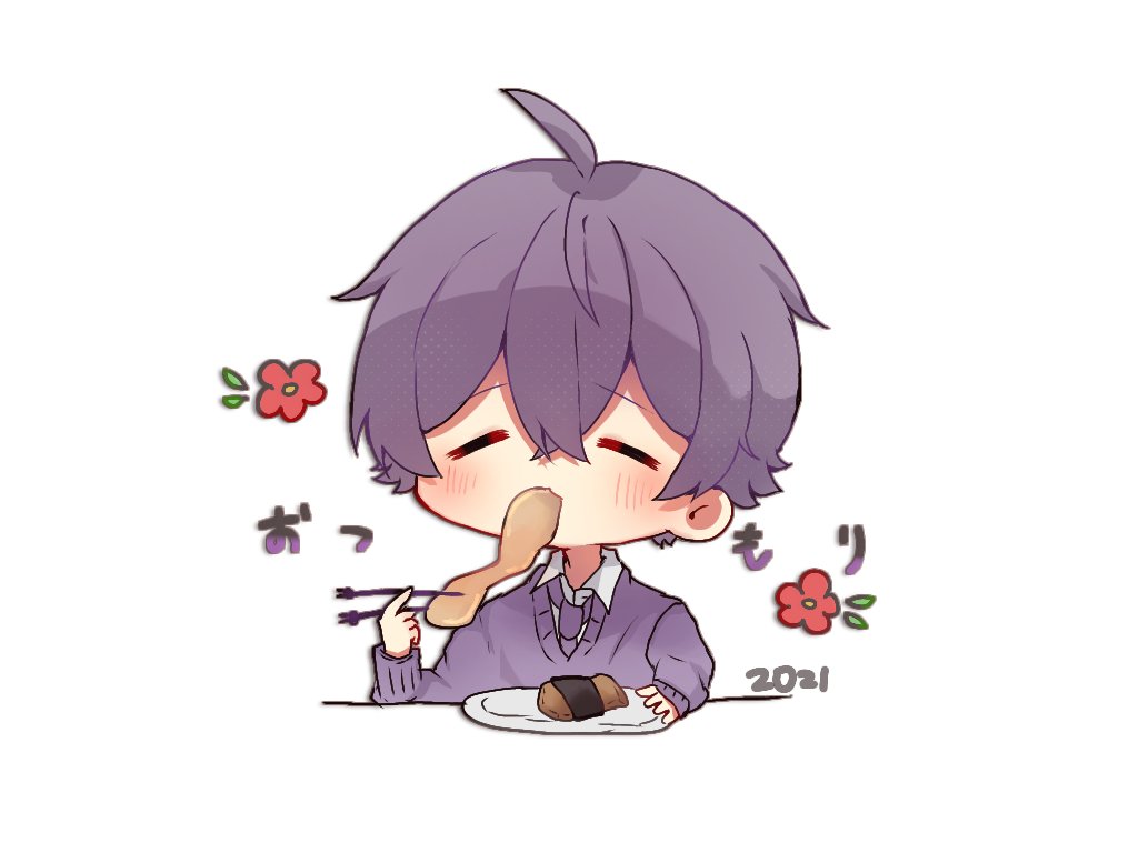 1boy male focus food plate eating closed eyes purple hair  illustration images