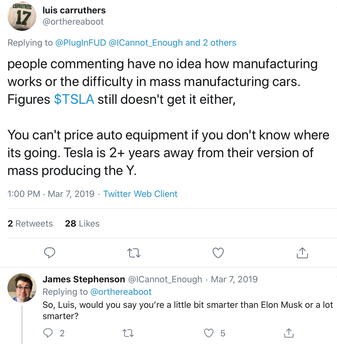  @orthereaboot :“Tesla is 2+ years away from their version of mass producing the Y”— “Luis Carruthers” (pseudonym), March 7, 2019