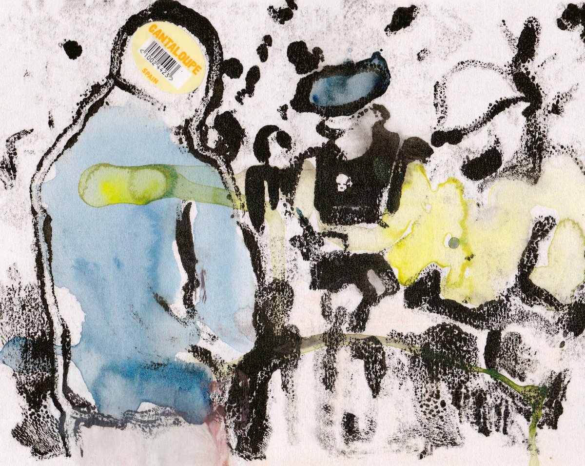 Stephen_if's tweet image. a Cantaloupe and a Couple of Melons 
mixed media  ca.2015

   some class of monoprint if memory serves me well… I did a few in the series (maybe this is my favourite of the group) I wonder if I painted over it

#art #paining #kunst 
#artistsupportpledge
stephen-nolan.com