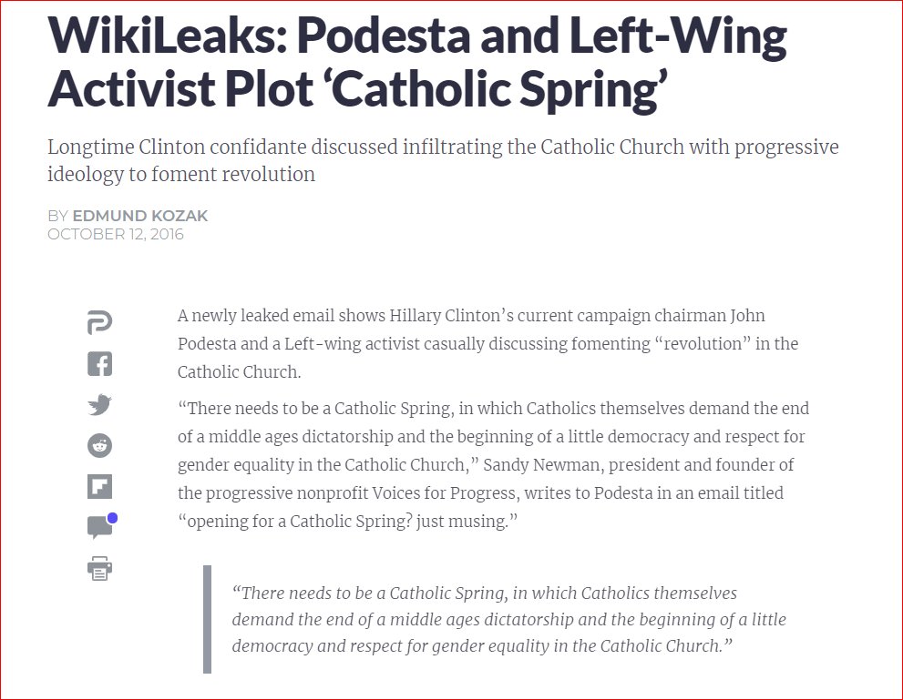 Longtime Clinton confidante discussed infiltrating the Catholic Church with progressive ideology to foment revolution.Catholic Spring. https://www.lifezette.com/2016/10/wikileaks-podesta-left-wing-activist-plot-catholic-spring/