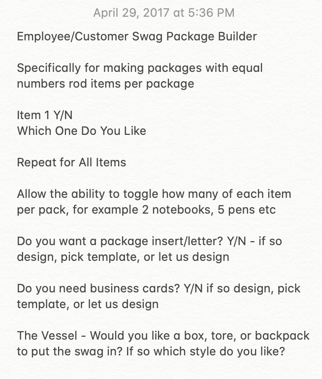 April 29, 2017 - The inspiration for  @swaguphq's pack builder (we made our first sale June 2017)