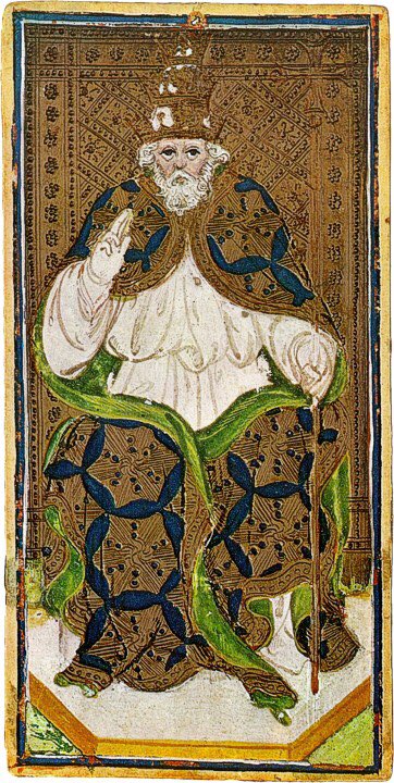 This is from the Visconti-Sforza deck, circa 1450. This is the Tarot trump currently known as the High Priest. Its original name? The Pope. To Tarocchi players in Renaissance Italy, he’d be immediately recognizable by his vestments & Papal crown: