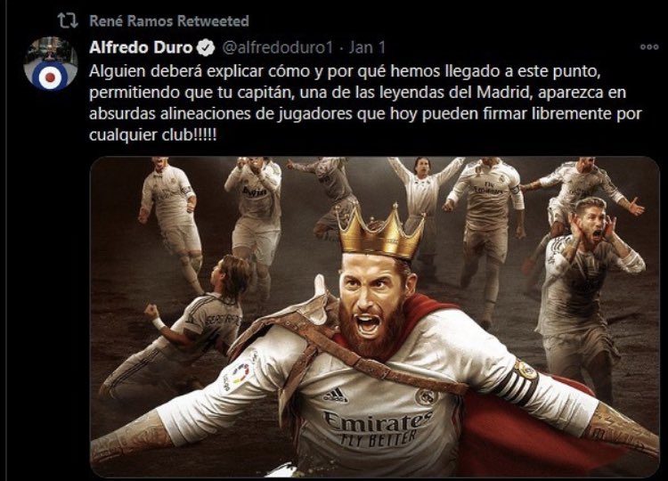 وكيل اعمال راموس يقوم بعمل ريتويت لتغريدة من الصحفي ألفريدو دورو على التويتر: على شخص ان يشرح كيف ولماذا وصلنا لهذه النقطة، ان تسمح لقائدك، أحد اساطير مدريد، بالظهور في تشكيلات سخيفة من اللاعبين الذين يمكنهم حاليا التوقيع بشكل حر مع اي نادي آخر.