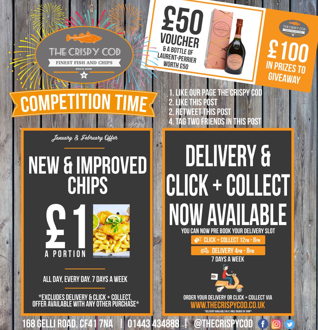 To celebrate the New Year we are giving one lucky customer the change to win a prize package worth £100! You can win a £50 Voucher to use at The Crispy Cod and a bottle of Laurent-Perrier.

TO ENTER:
1. Like our page @thecrispycod
2. Like this post
3. Retweet this post
🐟🏆🐟