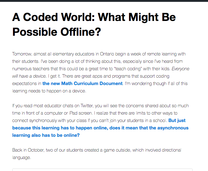 avivaloca's tweet photo. I took a break from blogging, but now I'm back. I'm thinking about #coding and some low-tech options for this upcoming week. What are you going to do? https://t.co/TMWIm0WkAu #peelmathchat #hwdsbmath #edchat https://t.co/NBQsjP8WPI
