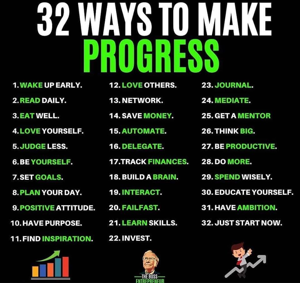 VladoBotsvadze's tweet image. 32 ways to make progress:

Wake up early 
Read daily 
Eat well 
Love yourself 
Judge less 
Be yourself 
Set goals 
Plan your day 
Positive attitude 
Have purpose 
Find your inspiration 
Love others 
Network 
Build a brain 
Interact 
Learn skills