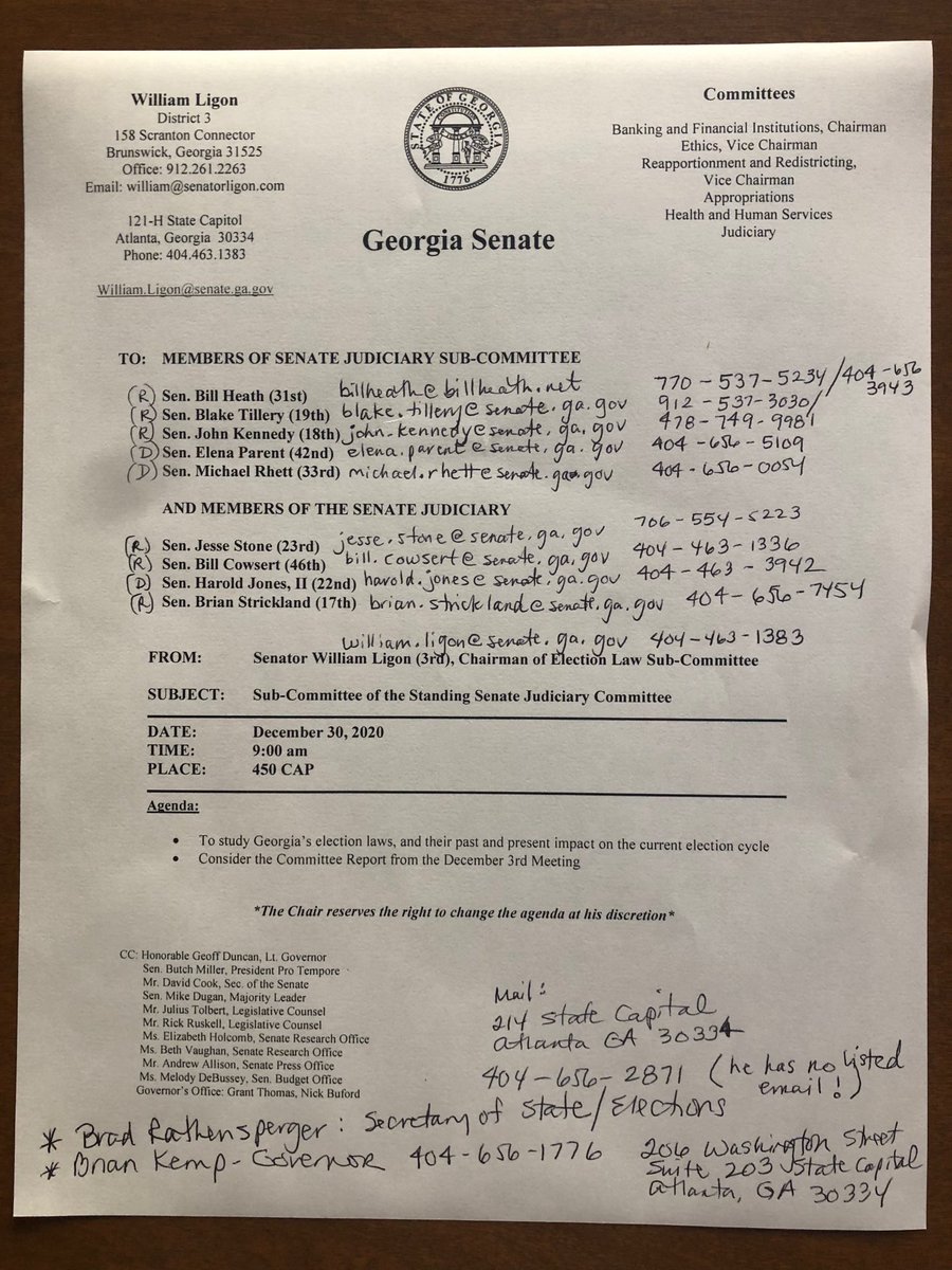 Here’s the contact info of all the members in the meeting Jovan Hutton Pulitzer testified to.  We must all bombard them with letters emails phone calls Demanding they give him access to inspect the ballots so we get the truth!  It takes a village. Share this with everyone.
