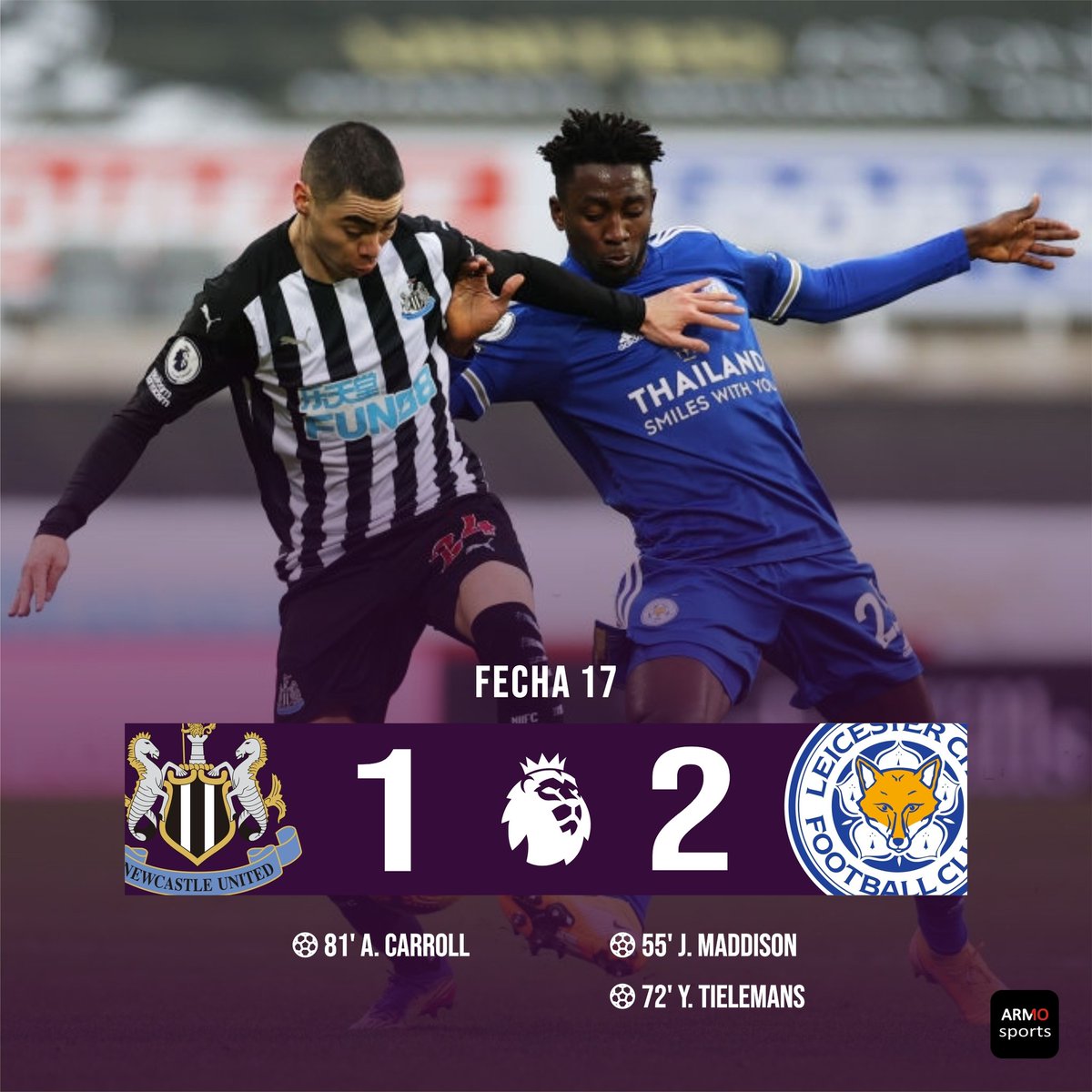 ARMOSportsPy's tweet image. Las urracas cerca de la zona de descenso!

#Newcastle (POS° 15/20) de local con Miguel Almirón de titular y siendo sustituido al minuto 64', perdió por 2 a 1 contra el #Leicester, por la fecha número 17 de la #PremierLeague.