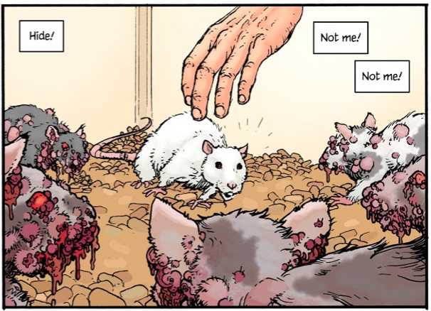 As befitting of Morrison, the apocalypse we are witnessing is metaphorized through the lens of the scientific cruelty against animals. Lab rats being tested on to find the cure to a disease. Of an uncaring god who does what they want to lesser species because they can.