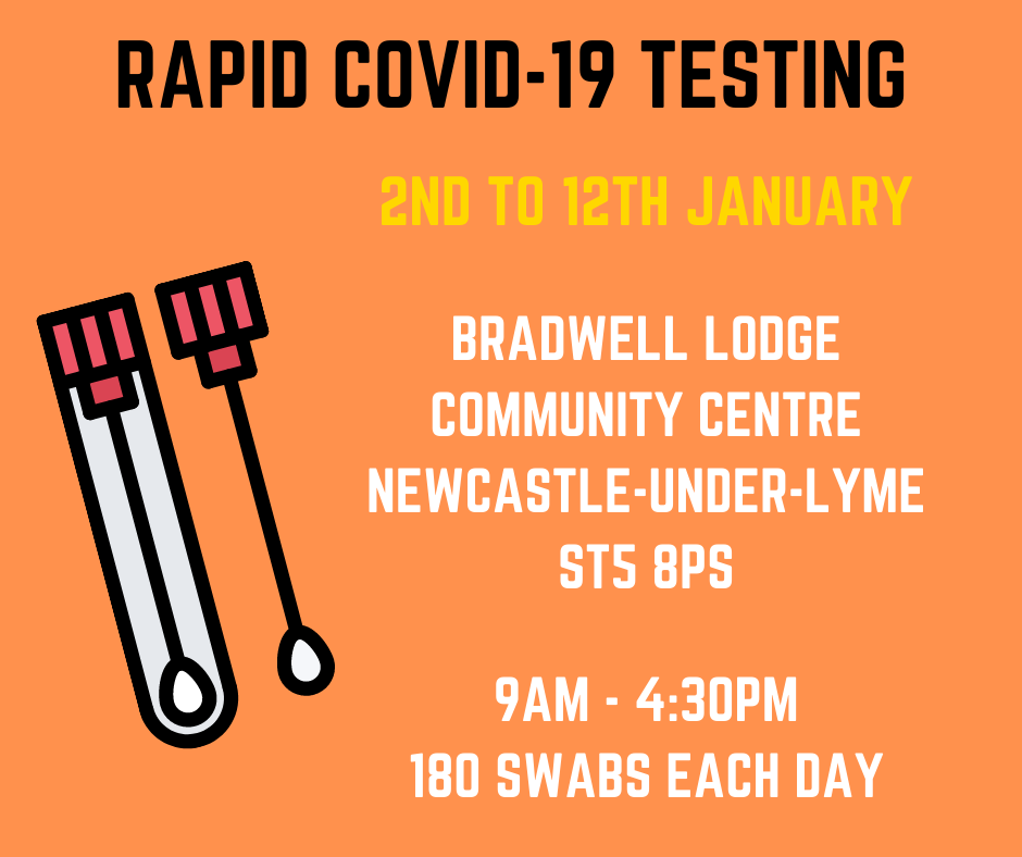 Rapid Covid-19 tests will be available in Burton from 2nd to 12th January. 

Bradwell Lodge Community Centre,
Newcastle-under-Lyme - ST5 8PS 
9AM – 4:30PM

180 places are available each day, but must be booked in advance here: buff.ly/3kUgtng

#Staffordshire #coronavirus