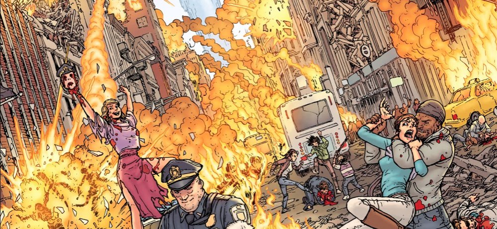 For triggering reasons, I'm only showing a portion of the panel. In their time writing comics, Morrison has frequently returned to the image of the apocalypse.