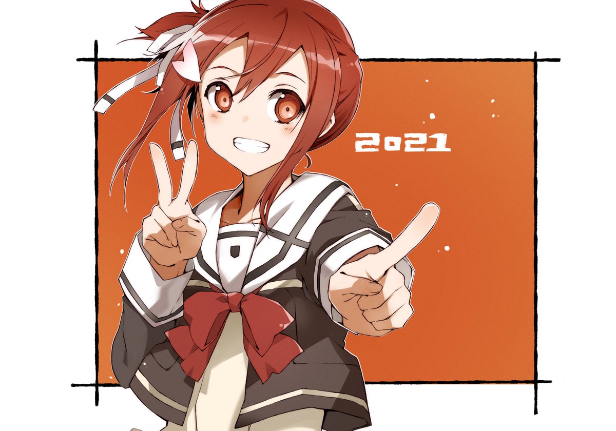 1girl solo school uniform smile v red hair ribbon  illustration images