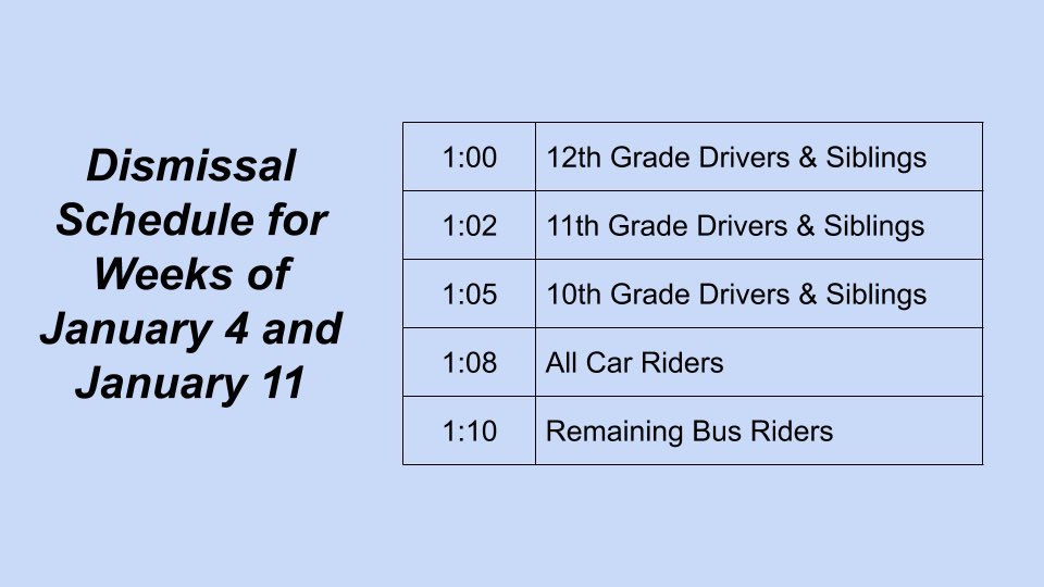 Take a look at the bell schedule for the next 2 weeks. Exams and EOCs are Thursday and Friday each week. Dismissal starts at 1pm.  #onedaniel