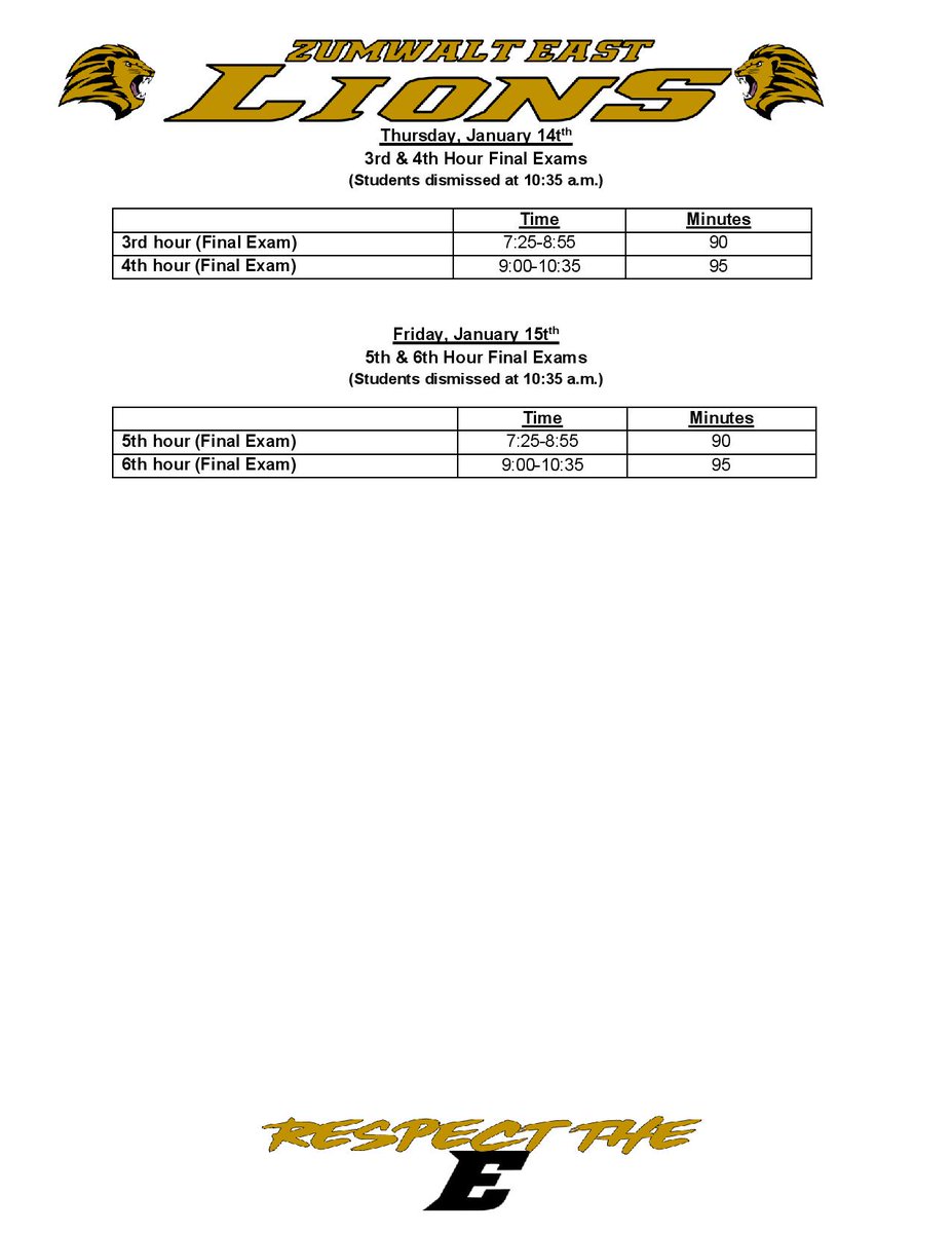 Good morning FZE!  I am well rested and excited to get back to school.  I hope you are too!  We have a full week of school this week and then next week we conclude the 1st semester.  You know what that means.  It is almost final exam time.  Here is the Final Exam Schedule.