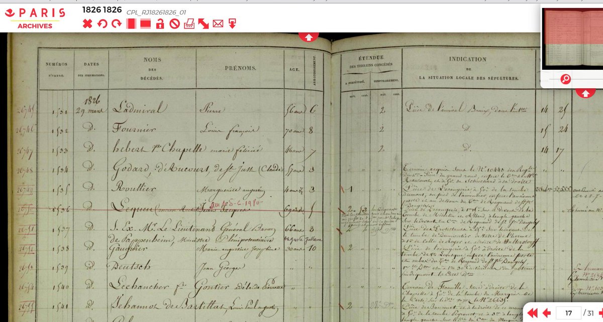 Après avoir cliqué sur "Rechercher", vous pouvez accéder à la visionneuse du registre visé. En général, l'inhumation se tient dans les deux jours qui suivent le décès de la personne. C'est le cas de Lequeu, inhumé le 29 mars 1826 comme l'indique le registre :