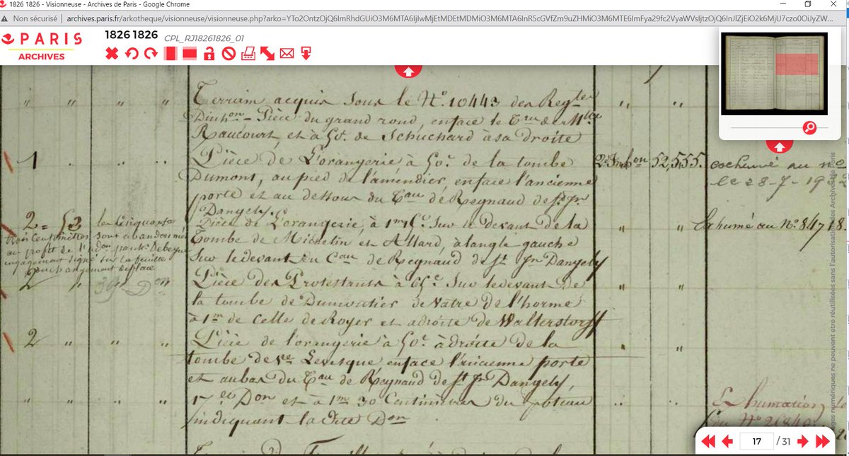 Le registre précise qu'il est inhumé dans une sépulture de 2,53 m superficiels "Pièce de l'orangerie, à 1m sur le devant de la tombe de Michelin et Allard , à l'angle gauche sur le devant du caveau de Regnaud de Saint-Jean d'Angély".