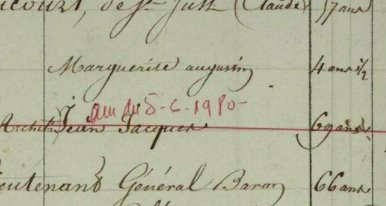 Mais ce changement d'emplacement ne signifie pas pour autant que le tombeau de Lequeu est encore visible de nos jours !En effet, la biffure rouge et la mention "am du 5-6-1980" indiquent la sépulture de Lequeu a fait l'objet d'une procédure de reprise administrative.