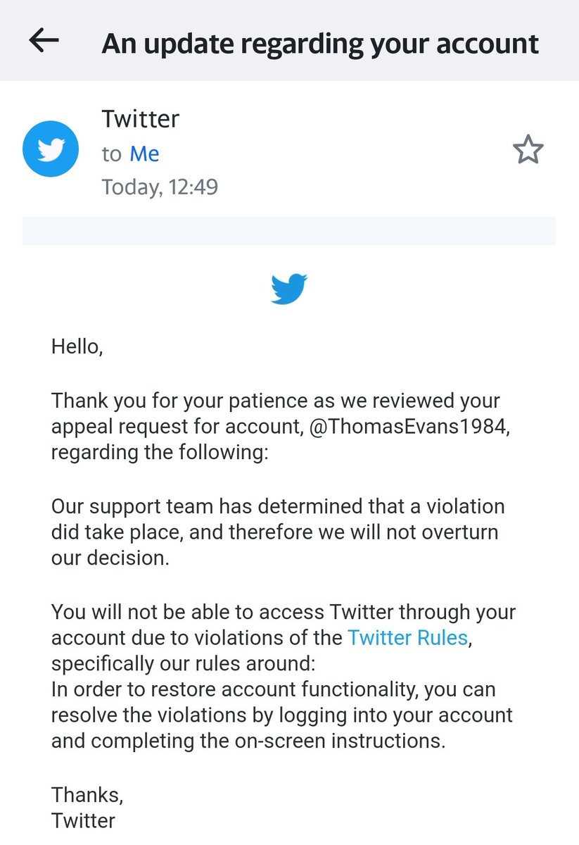 My reports against him which Twitter rejected. My suspension email. My appeal email. My email from Twitter declaring they had rejected my appeal 1.
