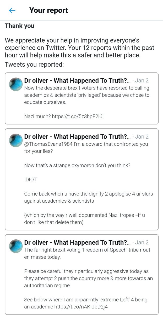 My reports against him which Twitter rejected. My suspension email. My appeal email. My email from Twitter declaring they had rejected my appeal 2.