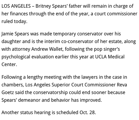 Judge Goetz extended the temporary conservatorship to the end of the year saying Britney "reluctantly agreed." She also said the conservatorship could end sooner because Britney's "demeanor and behavior has improved."  #FreeBritney