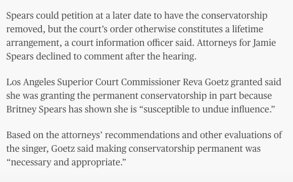 When it came time to rule, Judge Goetz made Britney's conservatorship permanent saying it was "necessary and appropriate" because Britney was subject to "undue influence." This will be in place for the rest of her life, unless Britney moves to have it terminated.  #FreeBritney