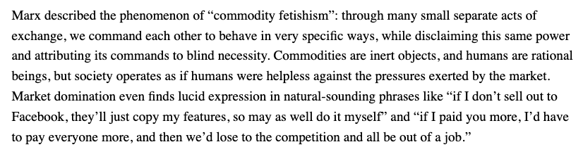 "we are able to fetishize money in our actions"This is not how commodity fetishism works at all.Fisher approvingly cites Zizek decrying our "overvaluing of belief," then miscontrues domination by Capital as result of "ironic distance." https://redsails.org/why-marxism/&nbsp;