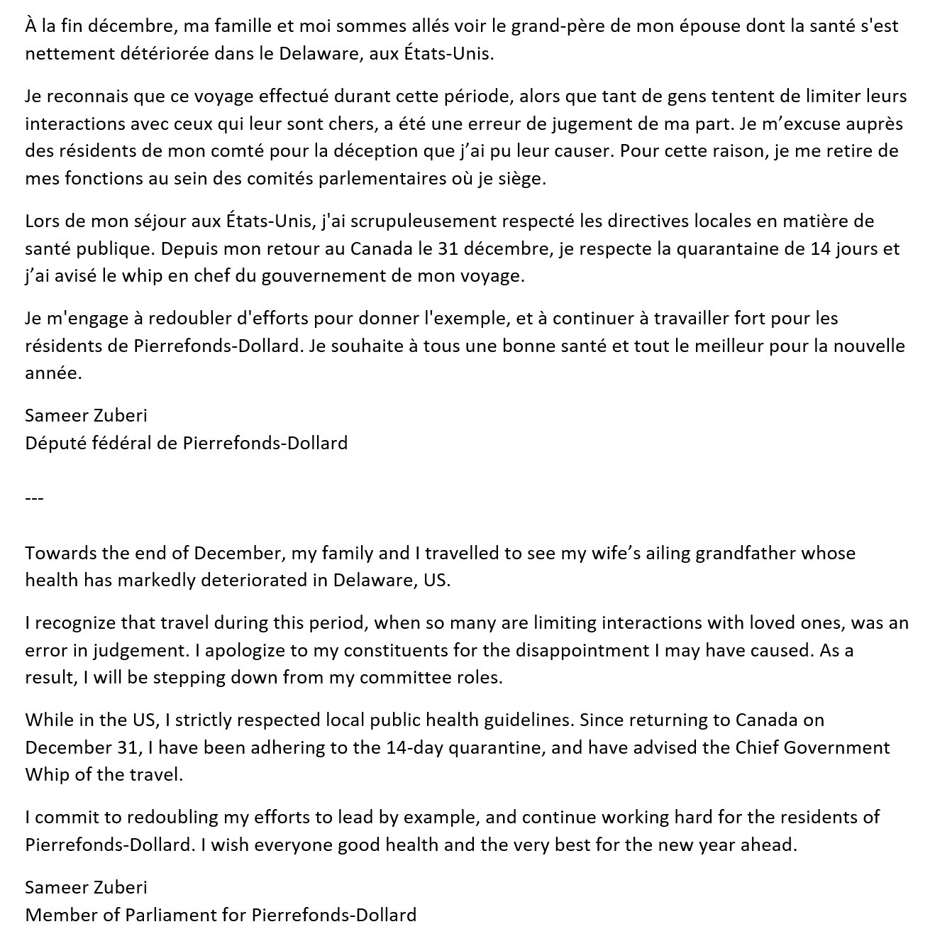 Sameer Zuberi S Il Vous Plait Voir Ma Declaration Ci Dessous Please See My Statement Below T Co K5e43du7xs Twitter