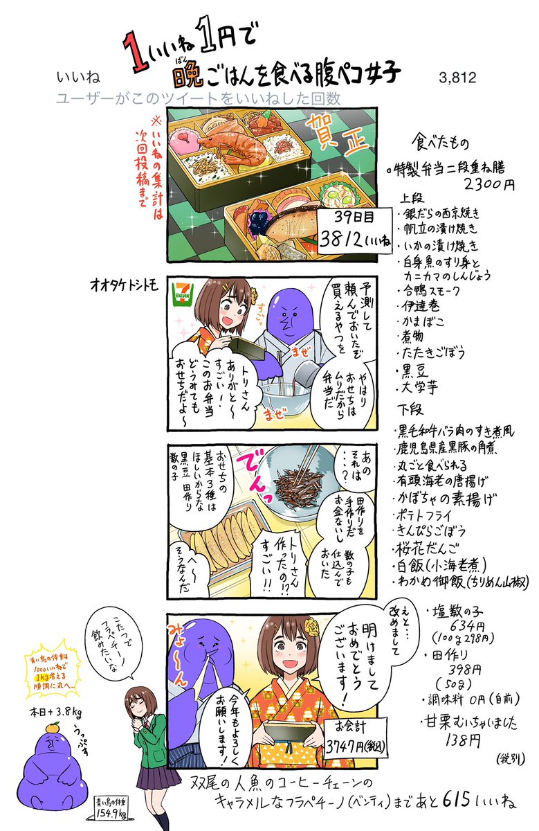 「1いいね1円で晩ごはんを食べる腹ペコ女子」
39日目              
 #1いいね1円腹ペコ女子 #もぐささん 