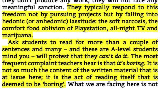 This sounds like an old man rant. Possibly a bad teacher, too?I have my issues with Instagram culture or whatever, but via the act of texting, kids are doing a *whole lot of reading* these days.I also see people are asking for reading material everywhere on this website.