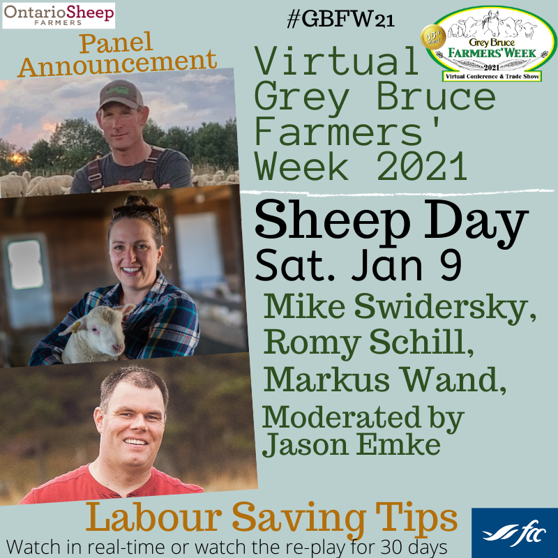 #Virtual #GBFW21 #Sheep Day - Jan 9.  Producer panel is about Labour Saving Tips.  <a href="/WandMarkus/">Markus Wand</a> <a href="/MikeSwidersky/">Mike Swidersky</a> <a href="/circlerlamb/">Romy Schill</a> Watch live/replay for 30 days. Pls join us. 
#ontag #CdnAg #AgEvent #Agriculture <a href="/OntarioSheep/">Ontario Sheep</a> <a href="/OntarioLamb/">Ontario Lamb</a> #agCan #Agproud #farm365 #farming #lambs