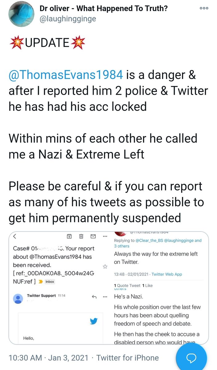 His false claims of reporting me to the police, his reports of me to Twitter and my reports of him to Twitter along with the action/non action taken by them 1.