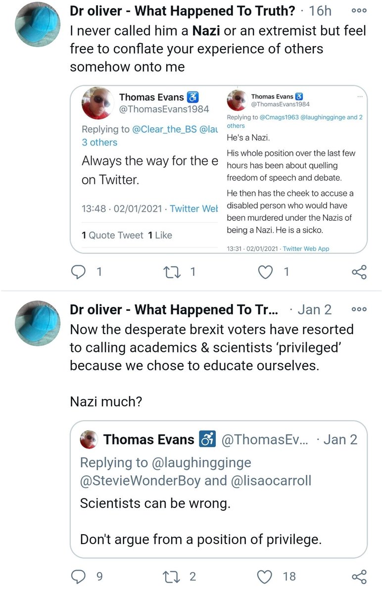 A denial of calling me a Nazi and the tweet showing him calling me a Nazi in the space of one tweet.