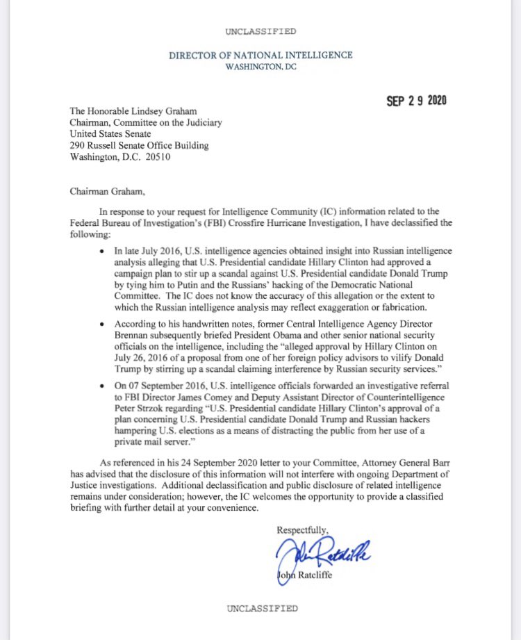 2/ Knowingly funneling Clinton paid for Russian propaganda through our intel agencies.Doctoring FISA applications to get illegal surveillance warrants to spy on the Trump campaign.Illegally leaking bogus intel to the media and then citing it to justify phony investigations.