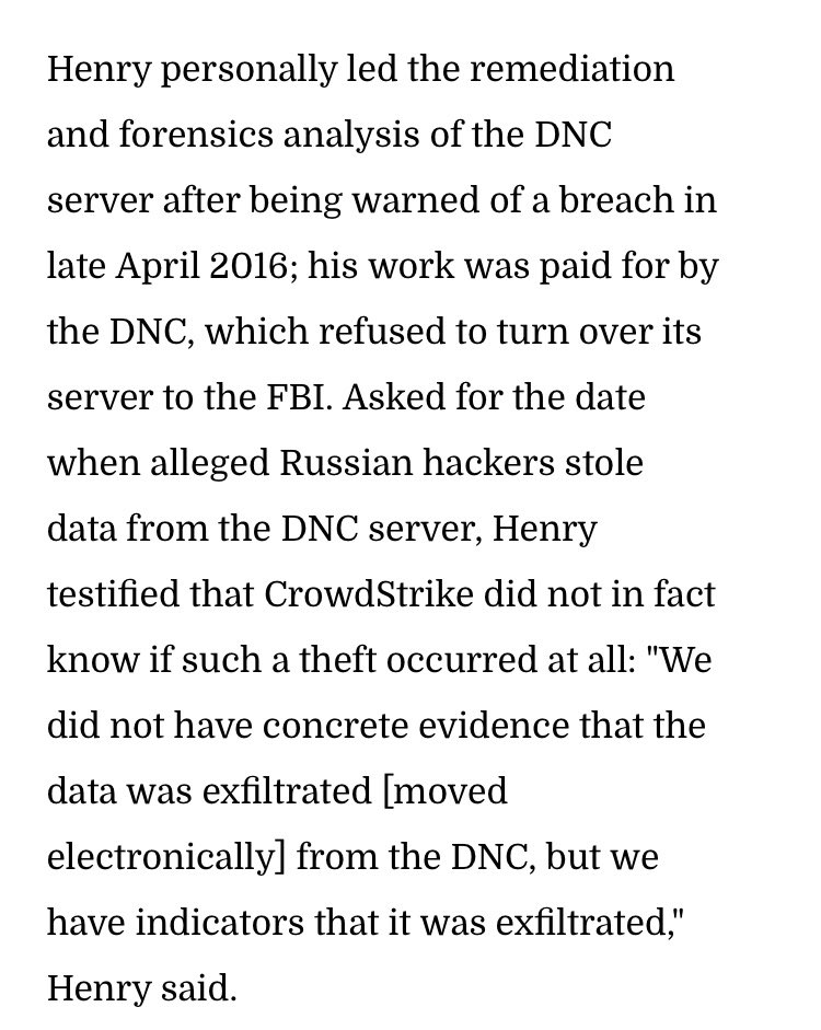 6/ Lying about confirmation that Russia hacked the DNC [there remains NO direct evidence to support this claim, which Crowdstrike’s CEO admitted].Failing to obtain the DNC server to determine who “hacked” it + leaked the DNC emails ... or if it was hacked at all [it wasn’t].