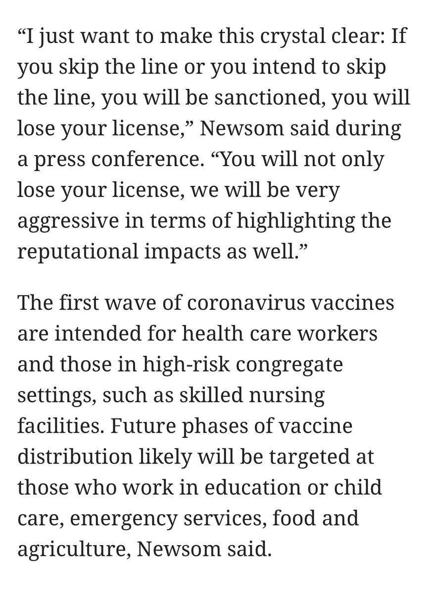 Not to be outdone, California gov Gavin Newsom tells providers that if they give an elderly friend, teacher or emergency worker that vaccine before they're supposed to, he'll yank their license AND trash their reputation.Letting the miracle drug expire on the shelf remains A-OK