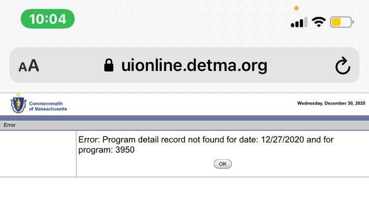 WatchdogMass's tweet photo. @sensei_senpaii @MassLWD @MassGovernor @MassGov @MassHireMVCC To have a consumer website spew out "Program detail record not found... program: 3950" is inexcusable. To have it be the #Massachusetts #Unemployment @MassLWD, website is shameful. @MassGov - please help your people now. @BostonGlobe @bostonherald thanks @sensei_senpaii https://t.co/GfRbj0TIvQ