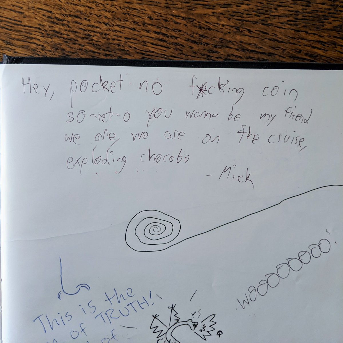 A yearbook page with an excerpt from We Are, the first One Piece opening, written in it