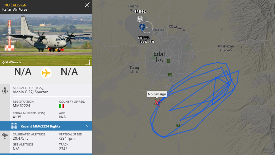 5472_nde's tweet photo. A couple of USAF tankers active over Iraq (580094 & 591513) and an Italian AF C27J MM62224. 1855z @ItaMilRadar https://t.co/Y6zvRb3rPN