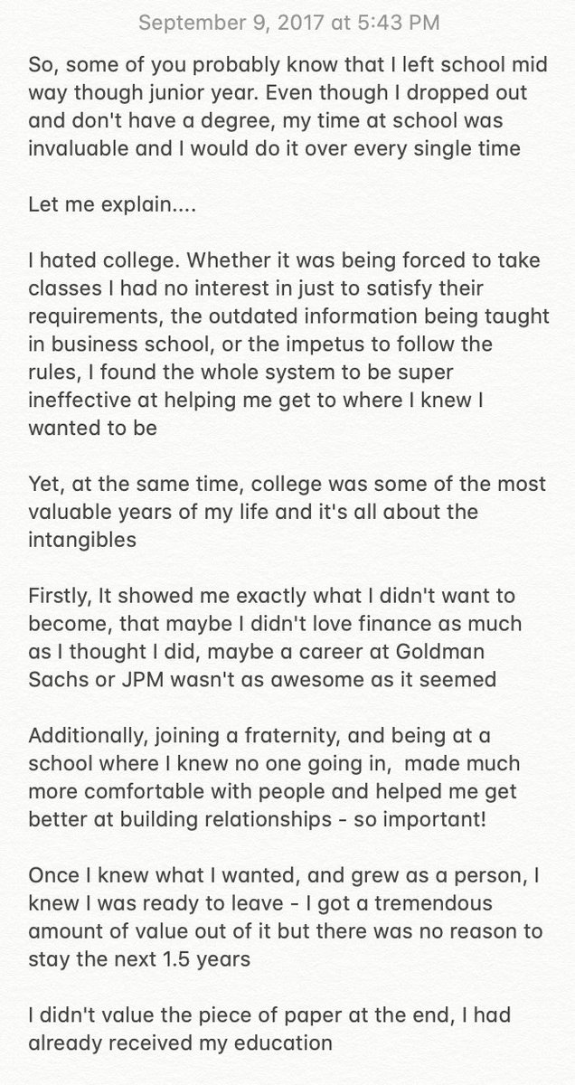 May 2017 - On the value of school (gives you the time/freedom to learn and think without distractions)and why I left (plus another related note form Sept 2017)