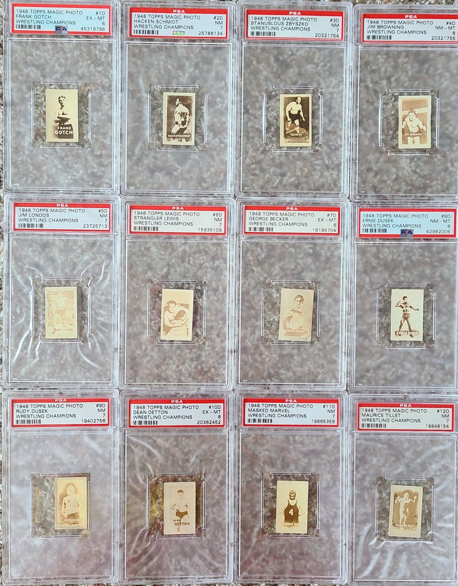 Wrestlingcardk1's tweet photo. Highest rated @psacard 1948 Topps Magic Photo Wrestling set in the collection of #wrestlingcardking. I have 19 of 25 in highest possible grade and constantly looking to improve. #toppscards #vintagewrestling #wrestlingcards #frankgotch #hackenschmidt #stranglerlewis #zbyszko https://t.co/nTpSFZNksO