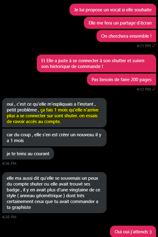 Suite des messages et soit disant la perte de son compte shutter abonné :