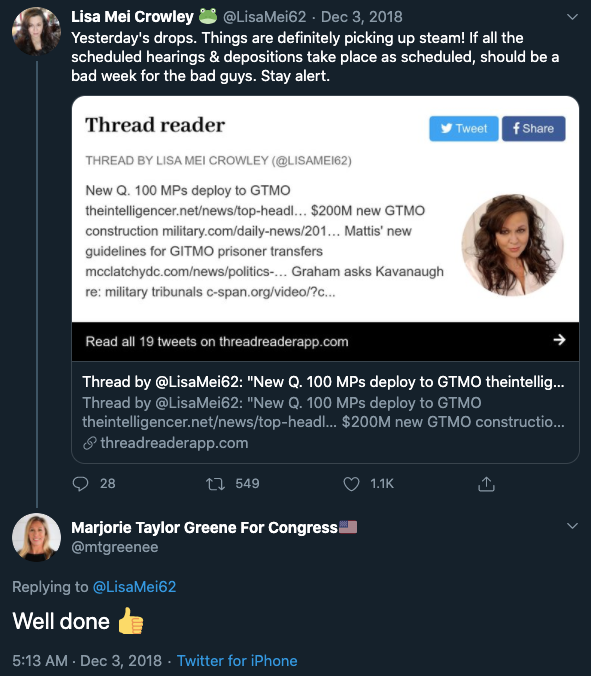 In December 2018, a month after the midterm elections, Greene praised a Q drop decode by QAnon promoter Lisa Mei Crowley. I would argue that this isn’t consistent with the behavior of someone who believes that QAnon is full of misinformation.