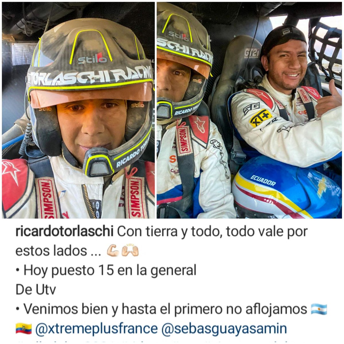 #Dakar2021 

<a href="/Torlaschi_1/">Ricardo Torlaschi</a> 🇦🇷 #SGuayasamin 🇧🇴
 ( Cuenta IG 📷)
Comentario  📜 Finalizada la q #Etapa1

Categoría: SSV 
Puesto : 
Etapa : 15 
General 15